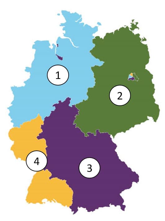 A map of Germany divided into four regions. 1, mostly North-West; 2, mostly North-East; 3, mostly South-East; 4, mostly South-West. Berlin is also divided: 1, central West; 2, mostly East; 3, mostly South-West; 4, mostly North-West.
