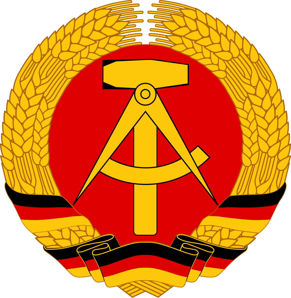 An emblem featuring a hammer and a pair of compasses, surrounded by a ring of wheat.