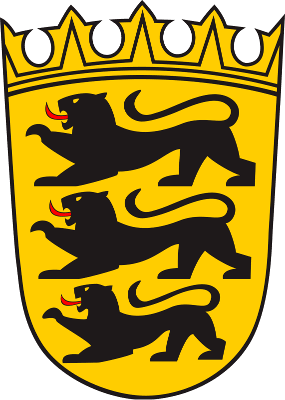 A yellow shield with spikes on top with three black lions having red tongues.