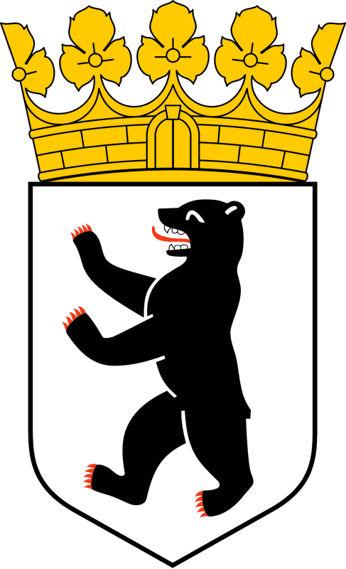 A shield with a white background decorated by a massive golden crown. There is a black bear in it.