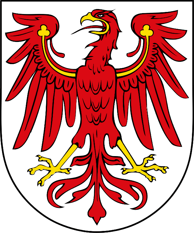A shield with a white background and a red eagle spreading its wings on it.
