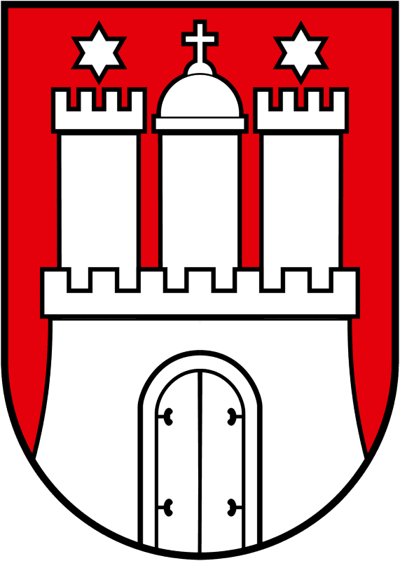 A shield with a red background featuring a white castle with a big gate and three towers. There is a christian cross on the main tower and six-pointer stars over left and right towers.