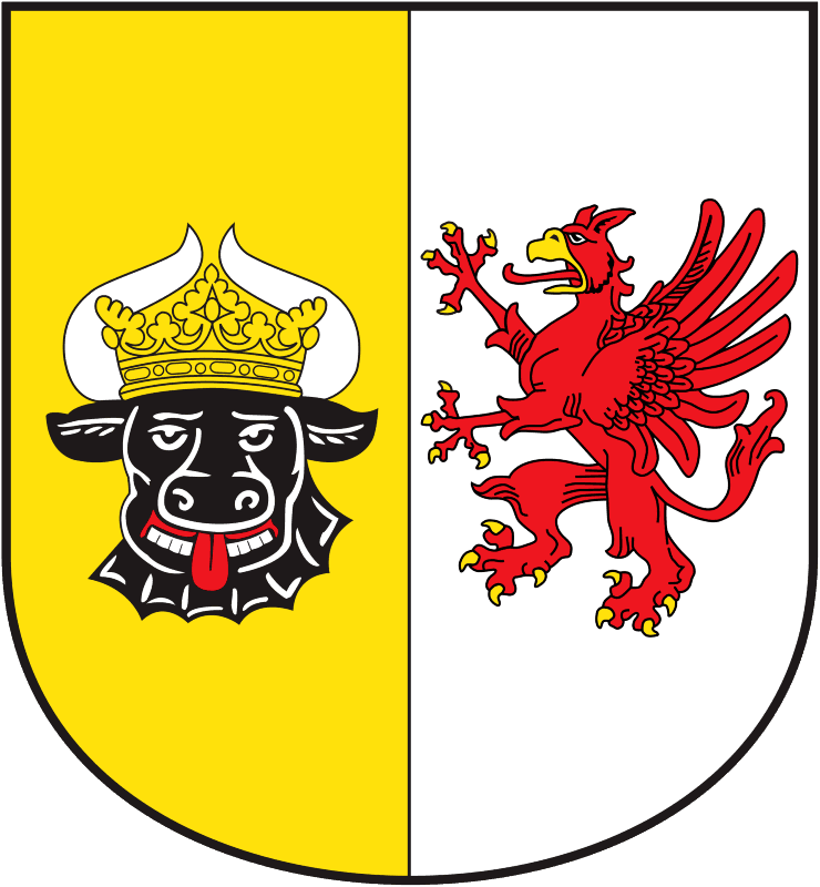 A shield equally divided vertically into two sections. There is a black bull with a golden crown and white horns on a yellow background on the left side, and a red mythological bird on a white background on the right one.