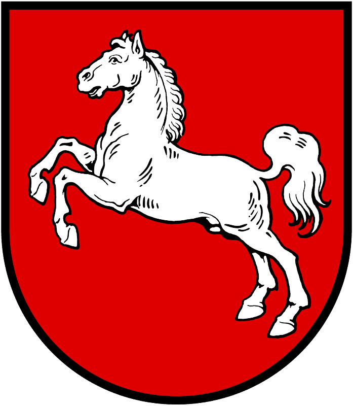 A red shield with a white horse.