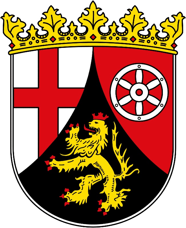 A shield divided into three sections decorated with a golden crown. Top-left section has a red cross on the white background. In the top-left section, there is a white helm on the red background. There is a golden lion in the main section.