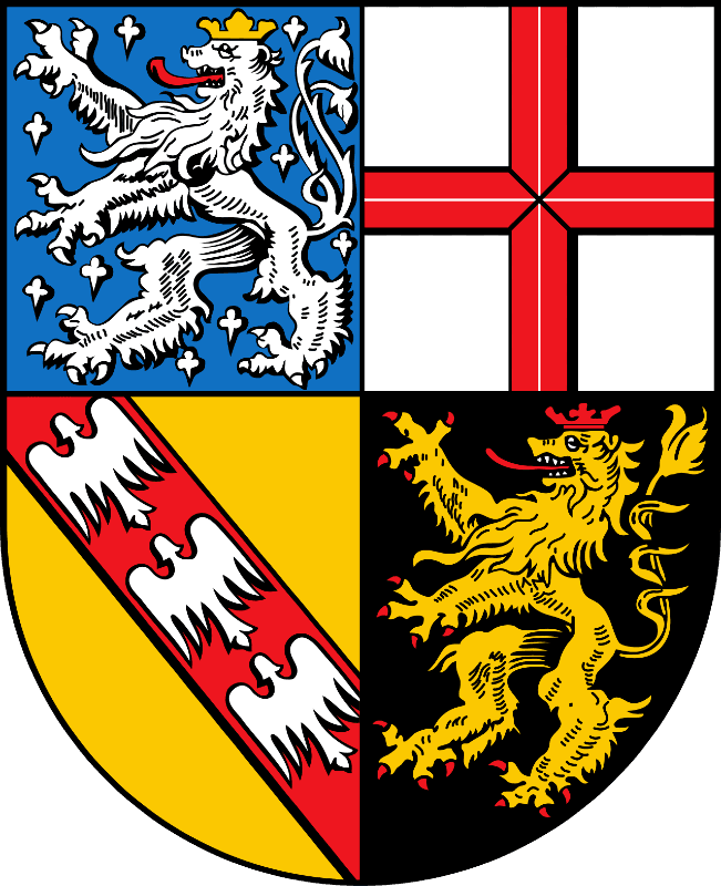 A shield divided into four sections. Sections from the top-left one, clockwise: 1. A white lion on the blue background; 2. A red cross on the white background; 3. A yellow lion on black background; 4. A red diagonal stripe on the yellow background with white storks inside this stripe.