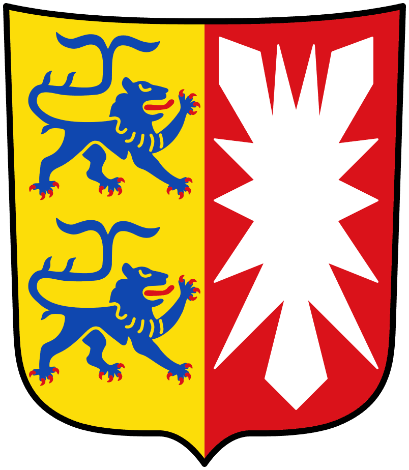 A shield divided vertically into two sections. There are two blue lions on the yellow background in the left one. There is a multi-pointed white figure on the red background in the right one.