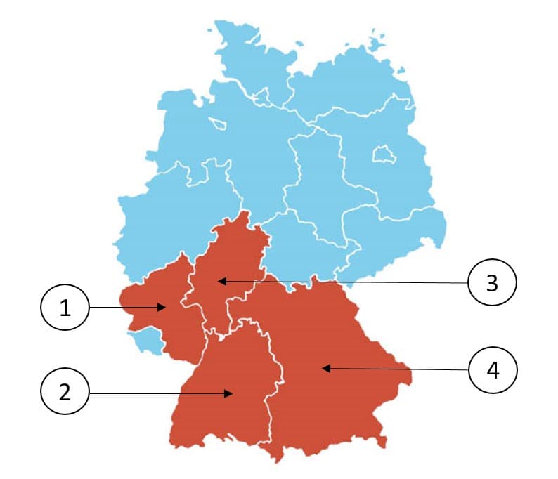 A map of Germany with four federal lands highlighted.