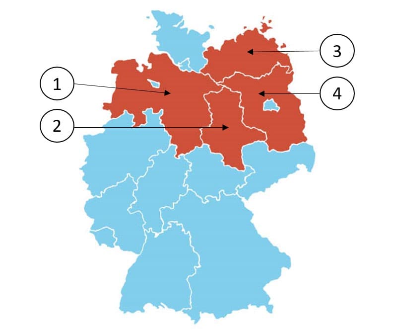 A map of Germany with four federal lands highlighted.