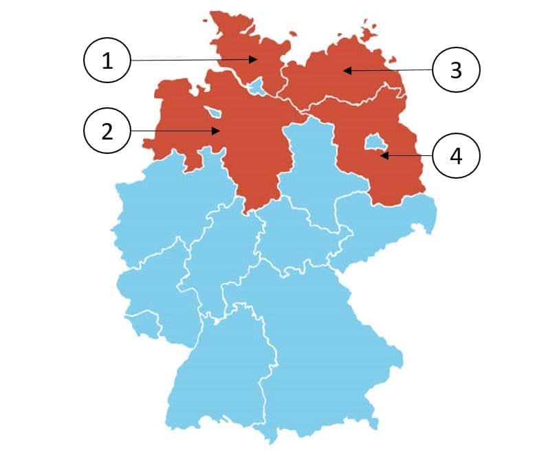 A map of Germany with four federal lands highlighted.