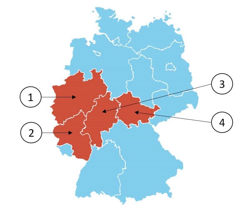 Une carte de l’Allemagne avec quatre régions fédérales mises en évidence.