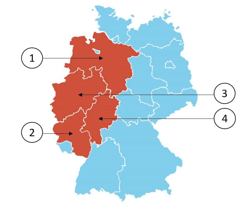 A map of Germany with four federal lands highlighted.