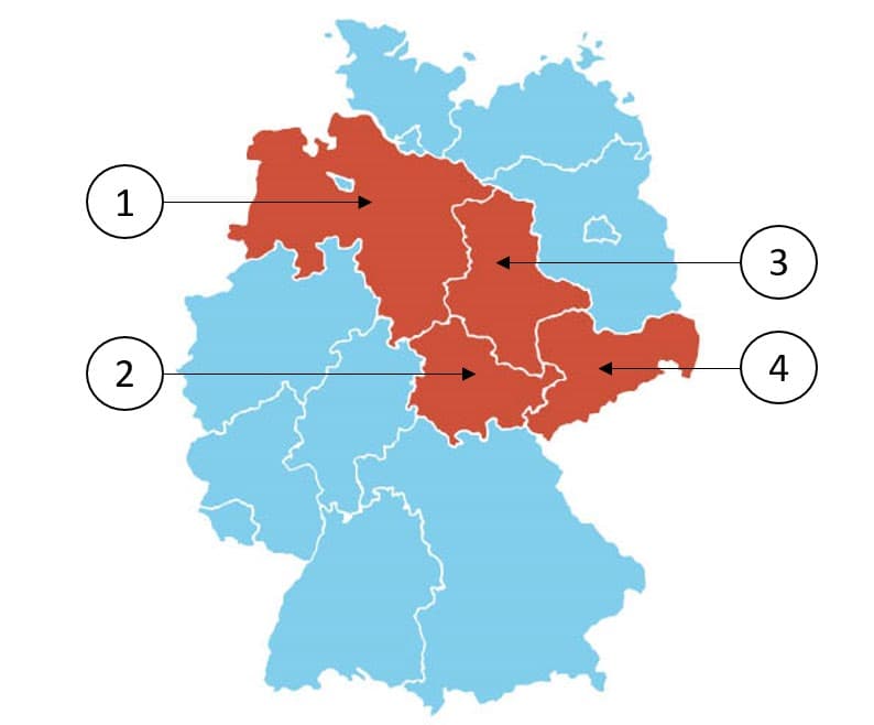 A map of Germany with four federal lands highlighted.